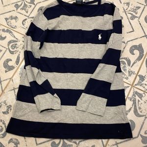 Navy blue and gray striped polo shirt with three-quarter length arms.